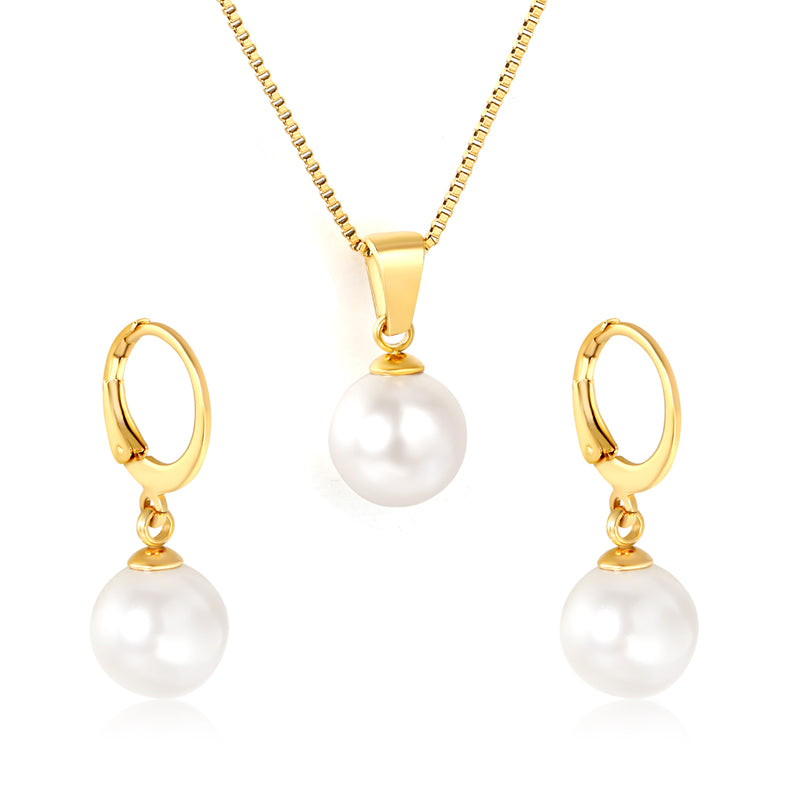 Earrings Pearl 10mm + Pendant Pearl 10mm Box Chain 40+5cm + Round Tag, Gold
