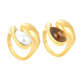 Wholesale 18K Gold Plated Sculpted Pearl & Smoky Quartz Ring Hypoallergenic