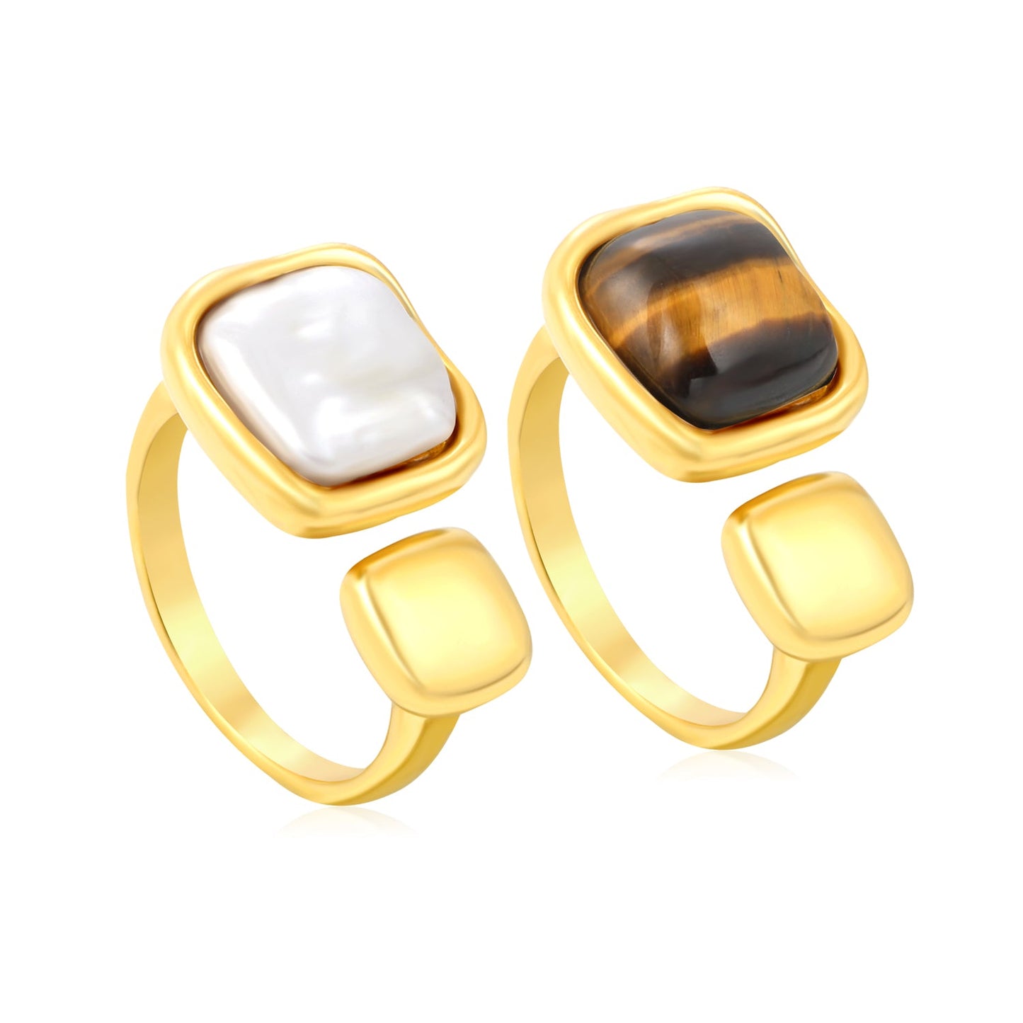 Wholesale 18K Gold Plated Square Pearl & Tiger Eye Adjustable Ring Hypoallergenic asonjewelry