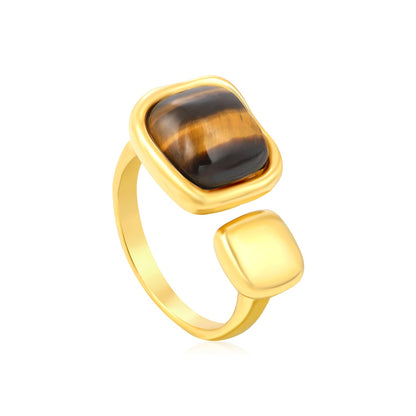 Wholesale 18K Gold Plated Square Pearl & Tiger Eye Adjustable Ring Hypoallergenic asonjewelry