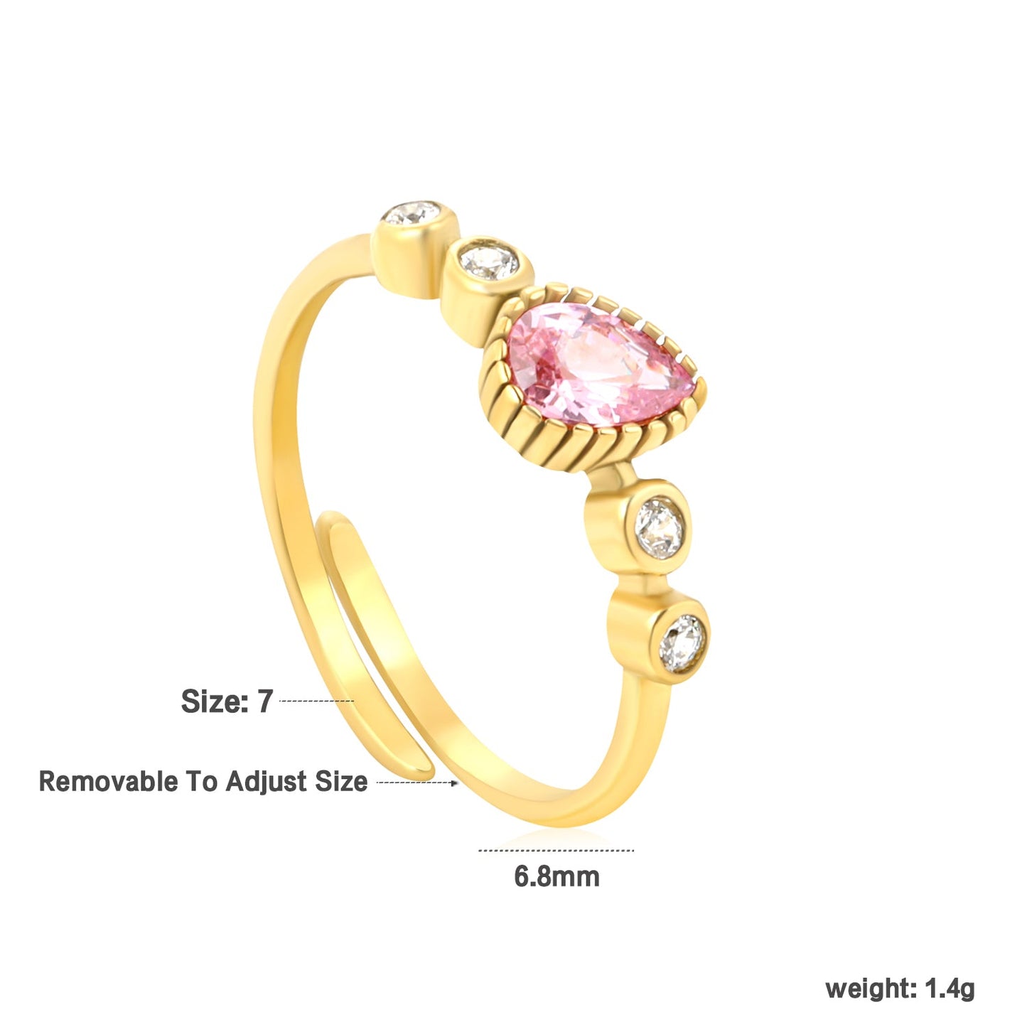 Wholesale 18K Gold Plated Pink Heart Crystal Open Ring Hypoallergenic asonjewelry