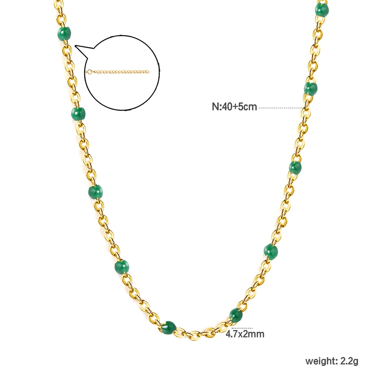 Deep Green Drip Resin Necklace 0.4mm Cross Chain 40+5cm + 6mm Round Pendant Gold asonjewelry