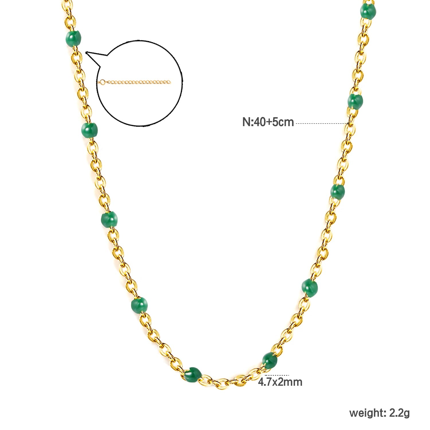 Deep Green Drip Resin Necklace 0.4mm Cross Chain 40+5cm + 6mm Round Pendant Gold asonjewelry