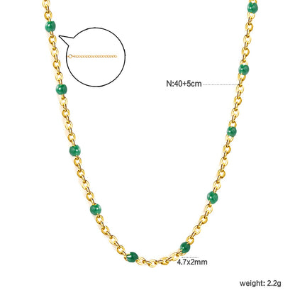 Deep Green Drip Resin Necklace 0.4mm Cross Chain 40+5cm + 6mm Round Pendant Gold asonjewelry