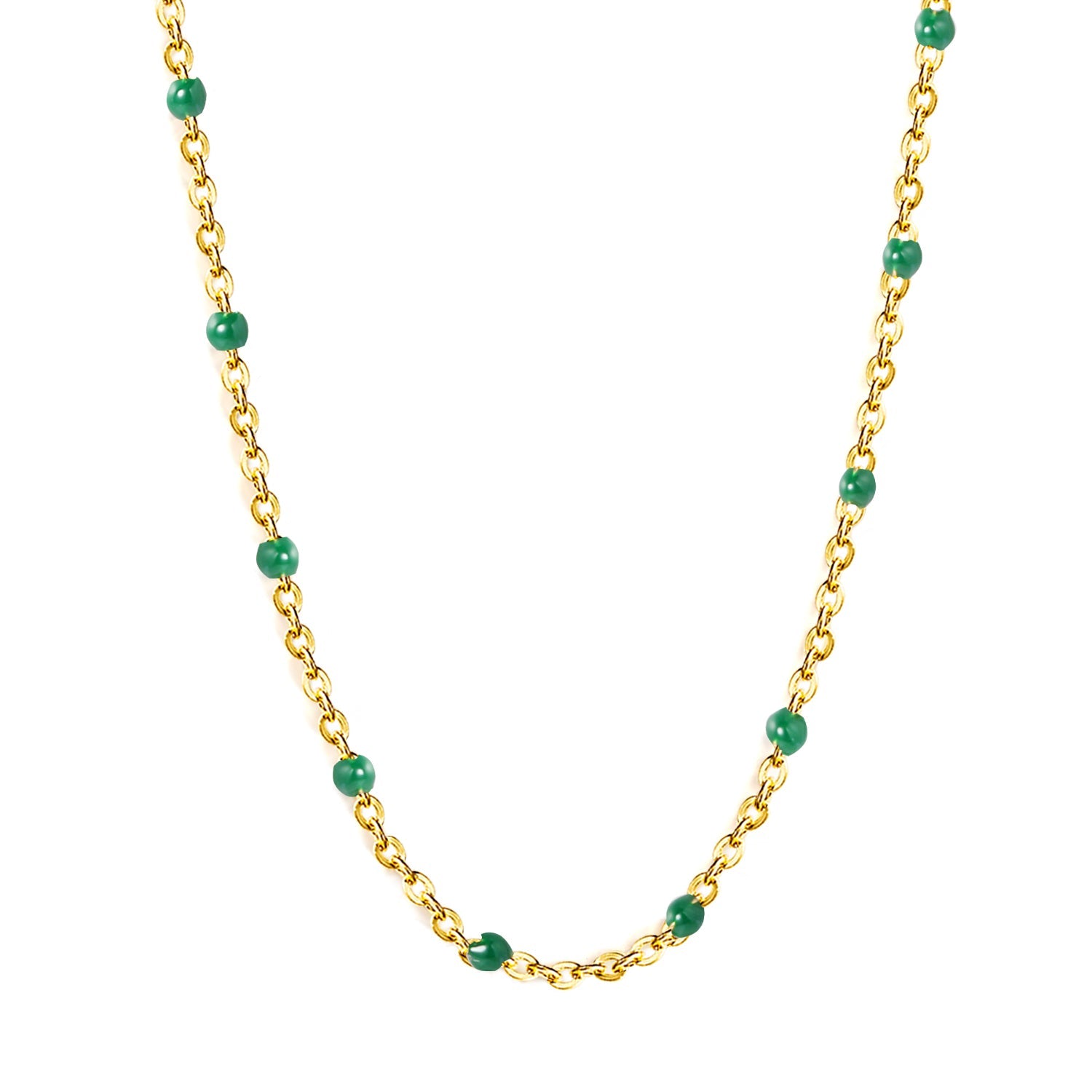 Deep Green Drip Resin Necklace 0.4mm Cross Chain 40+5cm + 6mm Round Pendant Gold asonjewelry