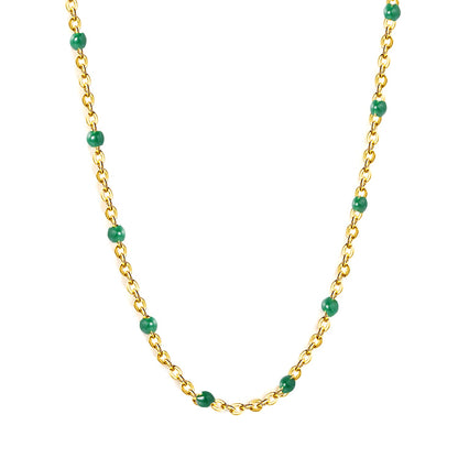 Deep Green Drip Resin Necklace 0.4mm Cross Chain 40+5cm + 6mm Round Pendant Gold asonjewelry