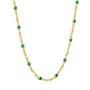 Deep Green Drip Resin Necklace 0.4mm Cross Chain 40+5cm + 6mm Round Pendant Gold