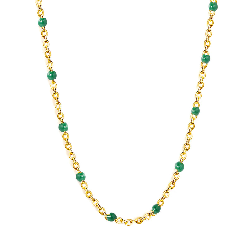 Deep Green Drip Resin Necklace 0.4mm Cross Chain 40+5cm + 6mm Round Pendant Gold