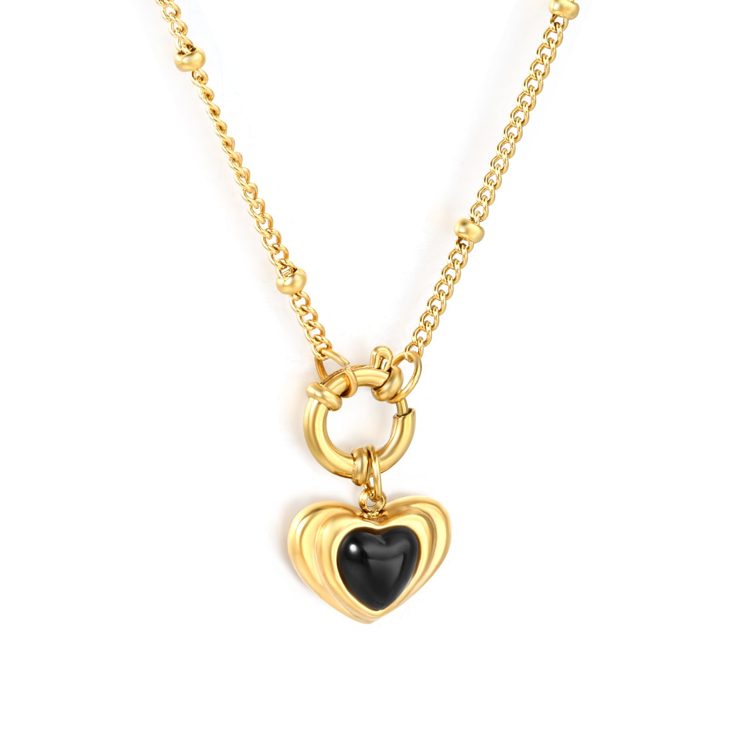 2.0mm Side-Mounted Bead Chain 40cm Necklace Heart-Shaped Adhesive Black Agate Gold asonjewelry