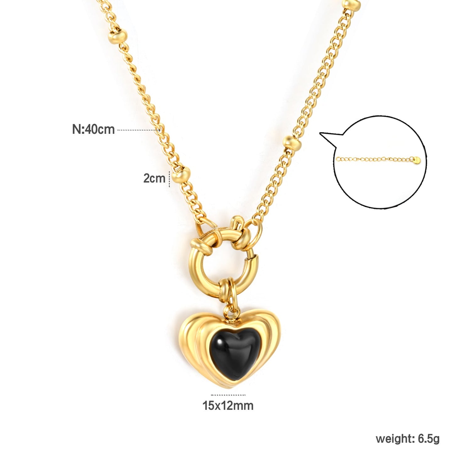 2.0mm Side-Mounted Bead Chain 40cm Necklace Heart-Shaped Adhesive Black Agate Gold asonjewelry
