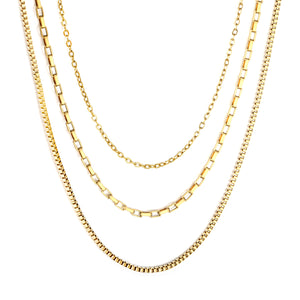 Three-tier combination necklace with distinct styles, gold