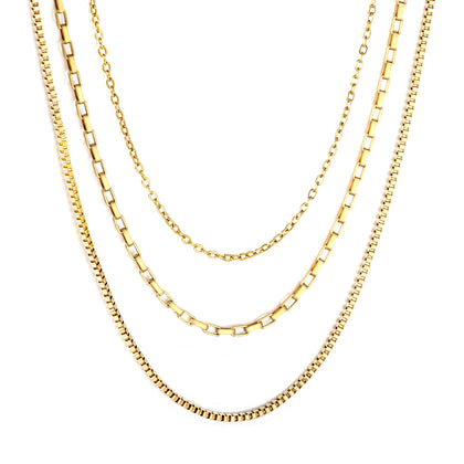 Three-tier combination necklace with distinct styles, gold