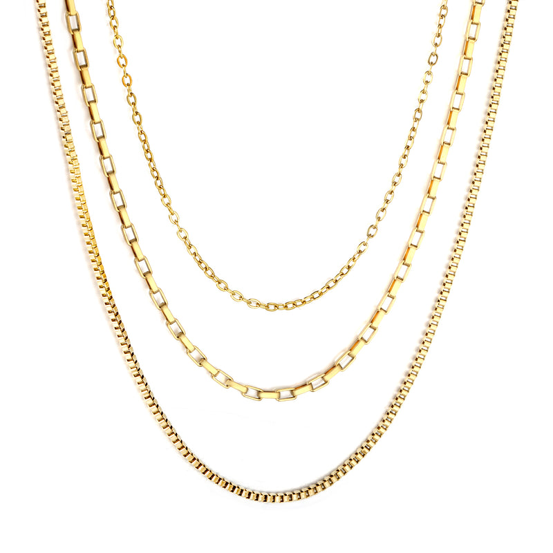 Three-tier combination necklace with distinct styles, gold