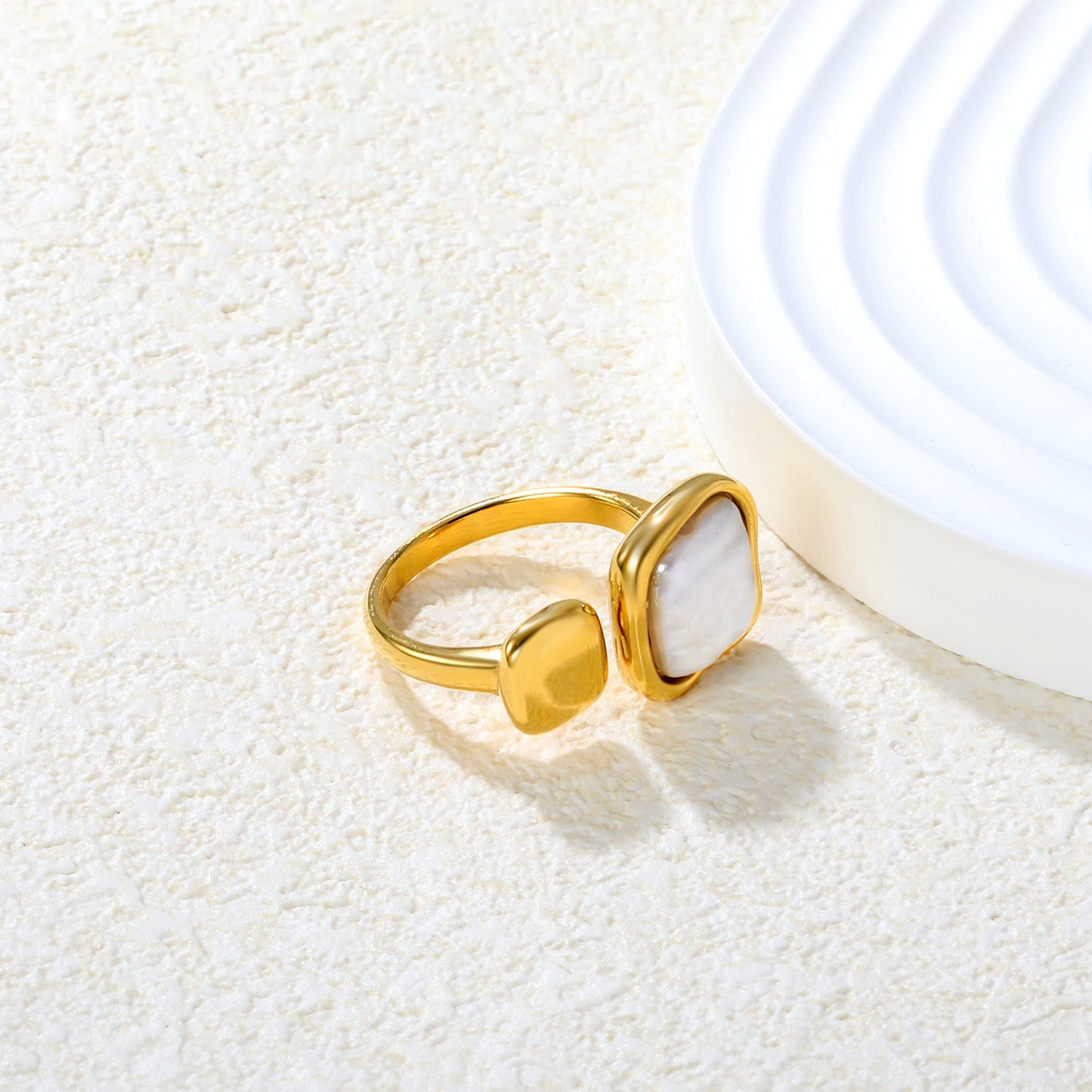 Wholesale 18K Gold Plated Square Pearl & Tiger Eye Adjustable Ring Hypoallergenic asonjewelry