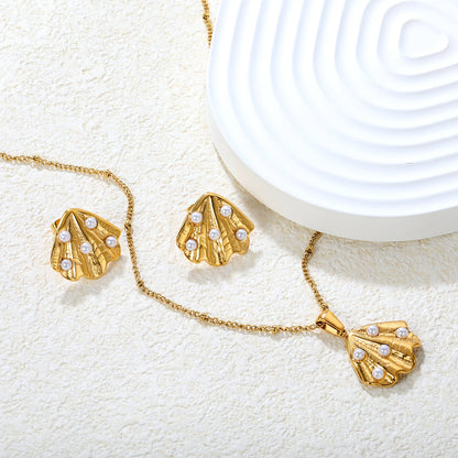 Stud Earrings + 0.4mm Side-Clip Pearl Chain 40+5cm + Round Tag in Gold asonjewelry