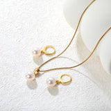 Earrings Pearl 10mm + Pendant Pearl 10mm Box Chain 40+5cm + Round Tag, Gold