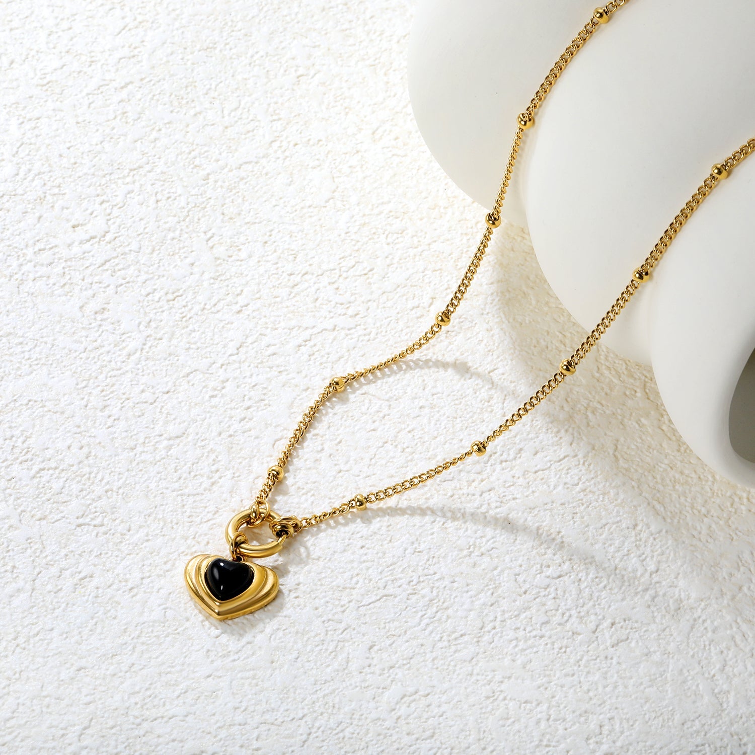 2.0mm Side-Mounted Bead Chain 40cm Necklace Heart-Shaped Adhesive Black Agate Gold asonjewelry