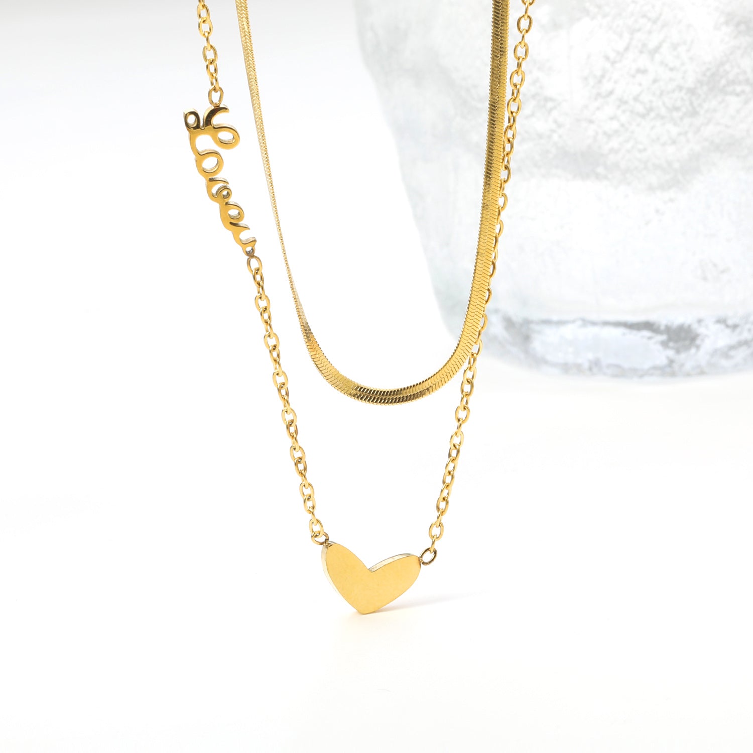 Heart 11*7mm+love engraved 17*5mm pendant with chain double chain necklace 41+45+5cm gold color asonjewelry