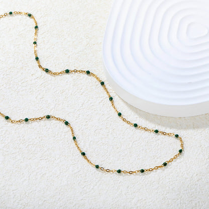 Deep Green Drip Resin Necklace 0.4mm Cross Chain 40+5cm + 6mm Round Pendant Gold asonjewelry