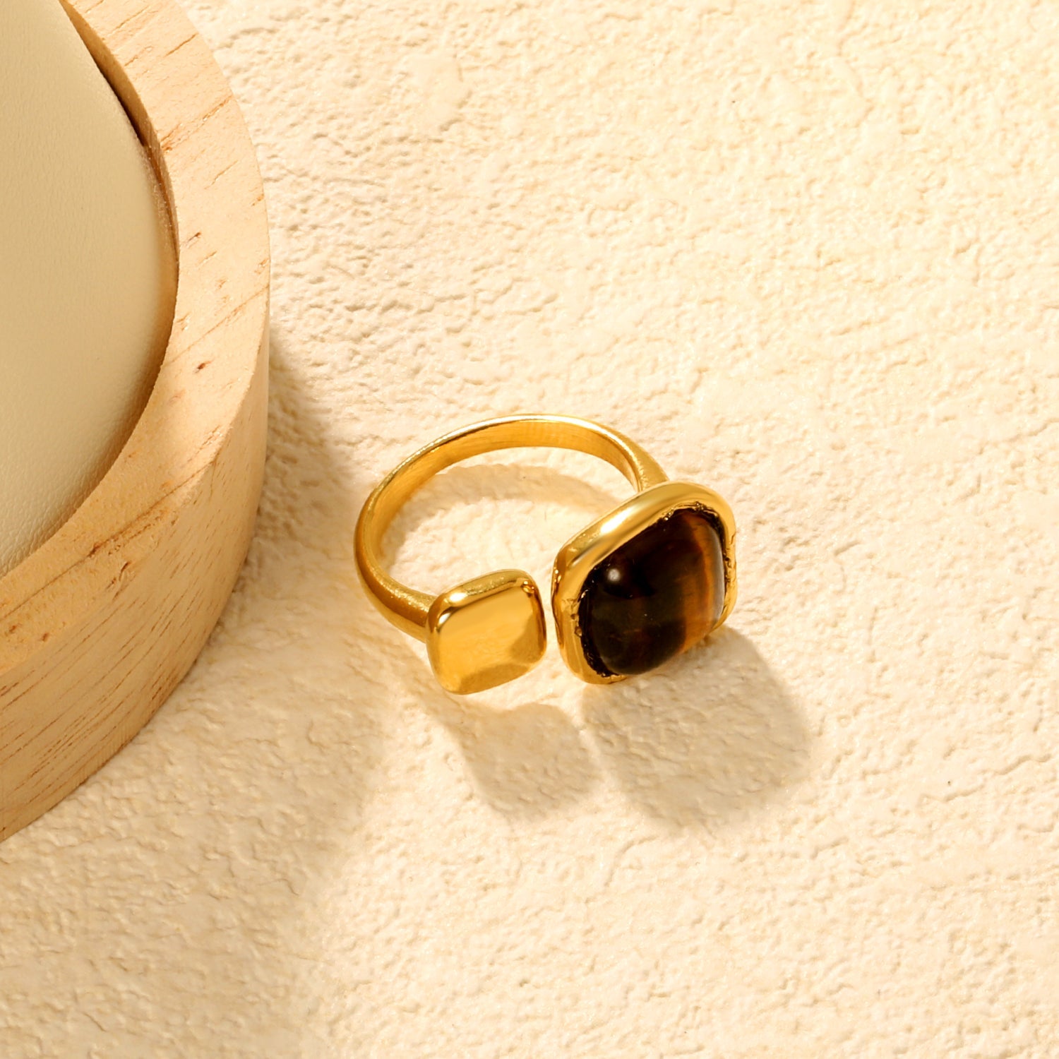 Wholesale 18K Gold Plated Square Pearl & Tiger Eye Adjustable Ring Hypoallergenic asonjewelry