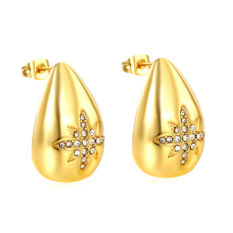 16*24.5mm teardrop octagons with white diamonds stud earrings gold color