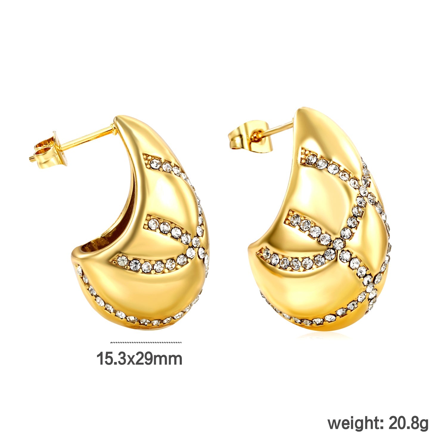 15.3*29mm teardrop crossover white diamond stud earrings gold color asonjewelry