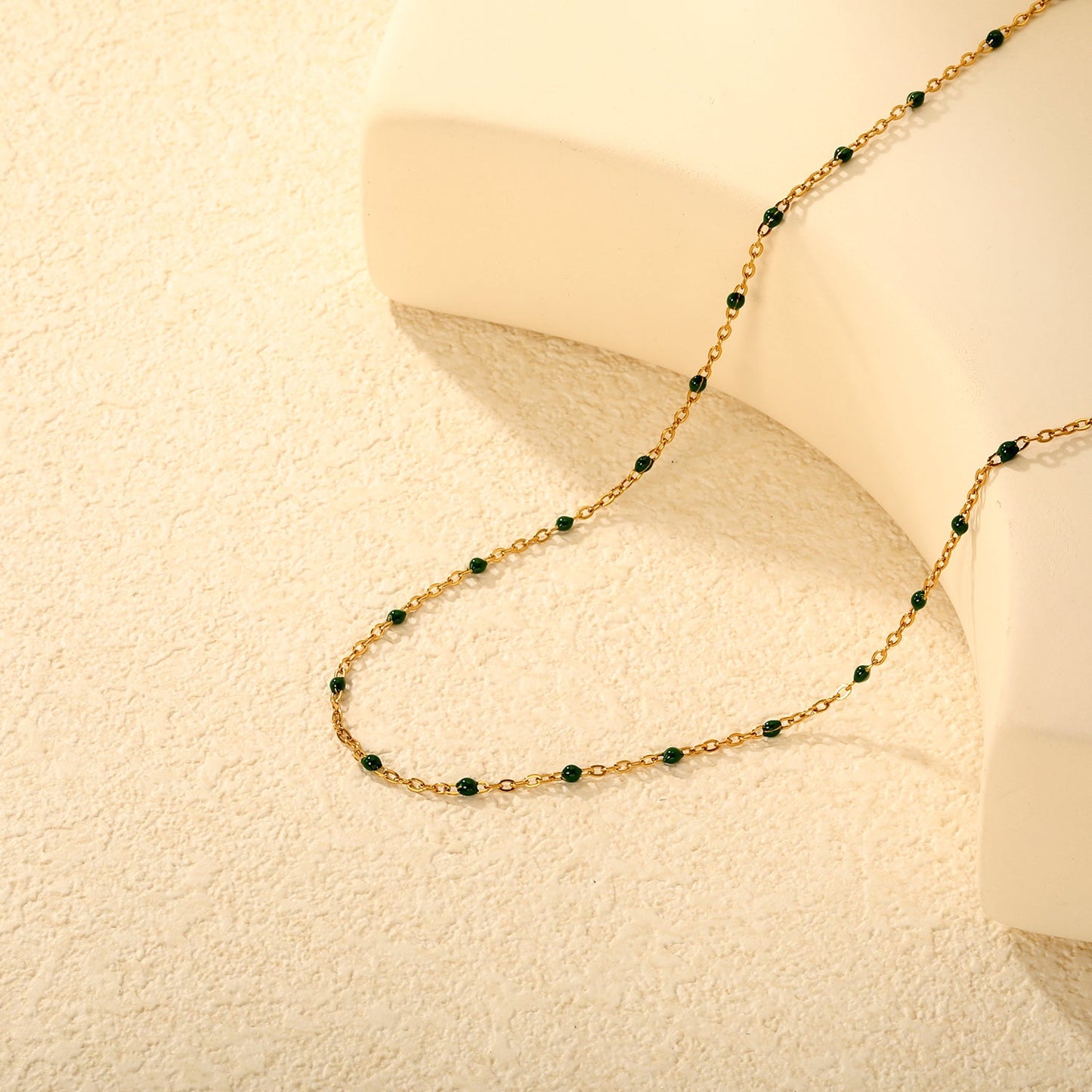 Deep Green Drip Resin Necklace 0.4mm Cross Chain 40+5cm + 6mm Round Pendant Gold asonjewelry