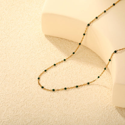 Deep Green Drip Resin Necklace 0.4mm Cross Chain 40+5cm + 6mm Round Pendant Gold asonjewelry
