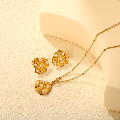 Stud Earrings + 0.4mm Side-Clip Pearl Chain 40+5cm + Round Tag in Gold asonjewelry