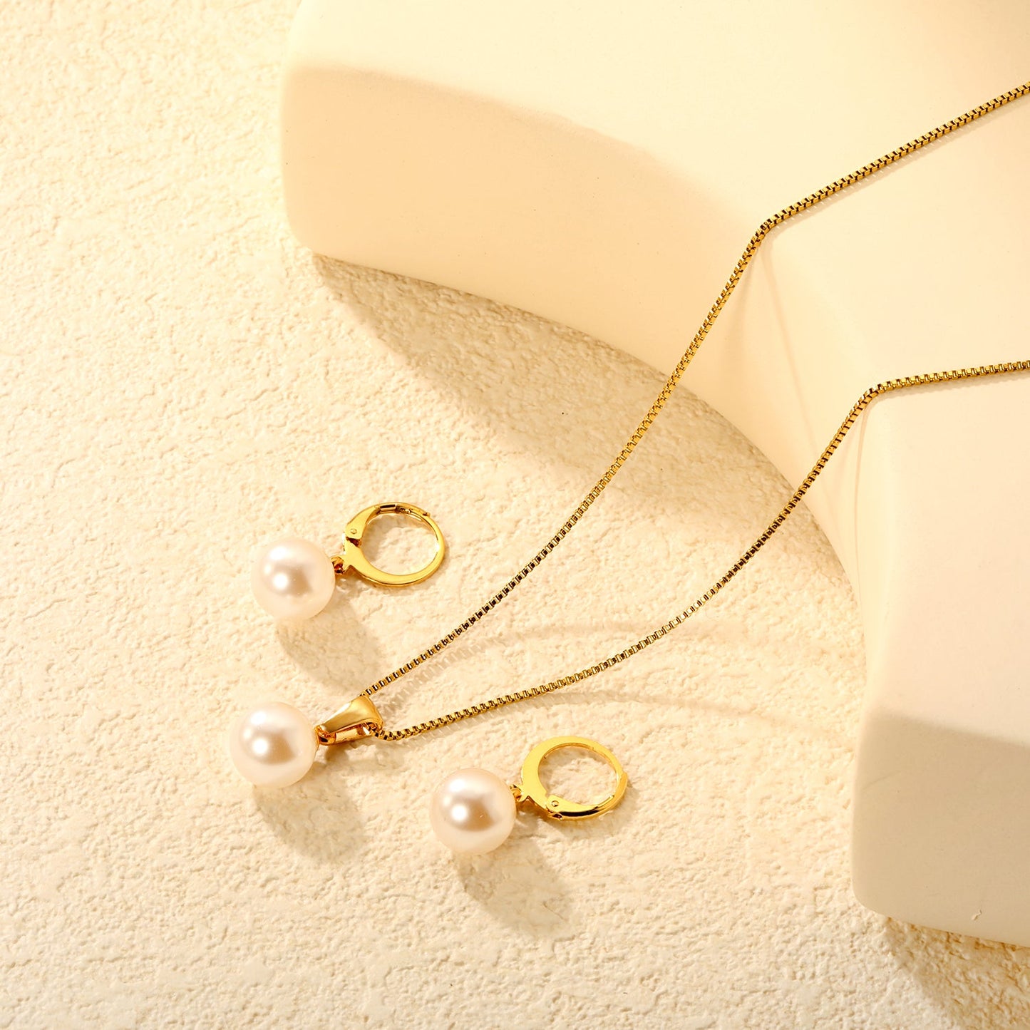 Earrings Pearl 10mm + Pendant Pearl 10mm Box Chain 40+5cm + Round Tag, Gold asonjewelry