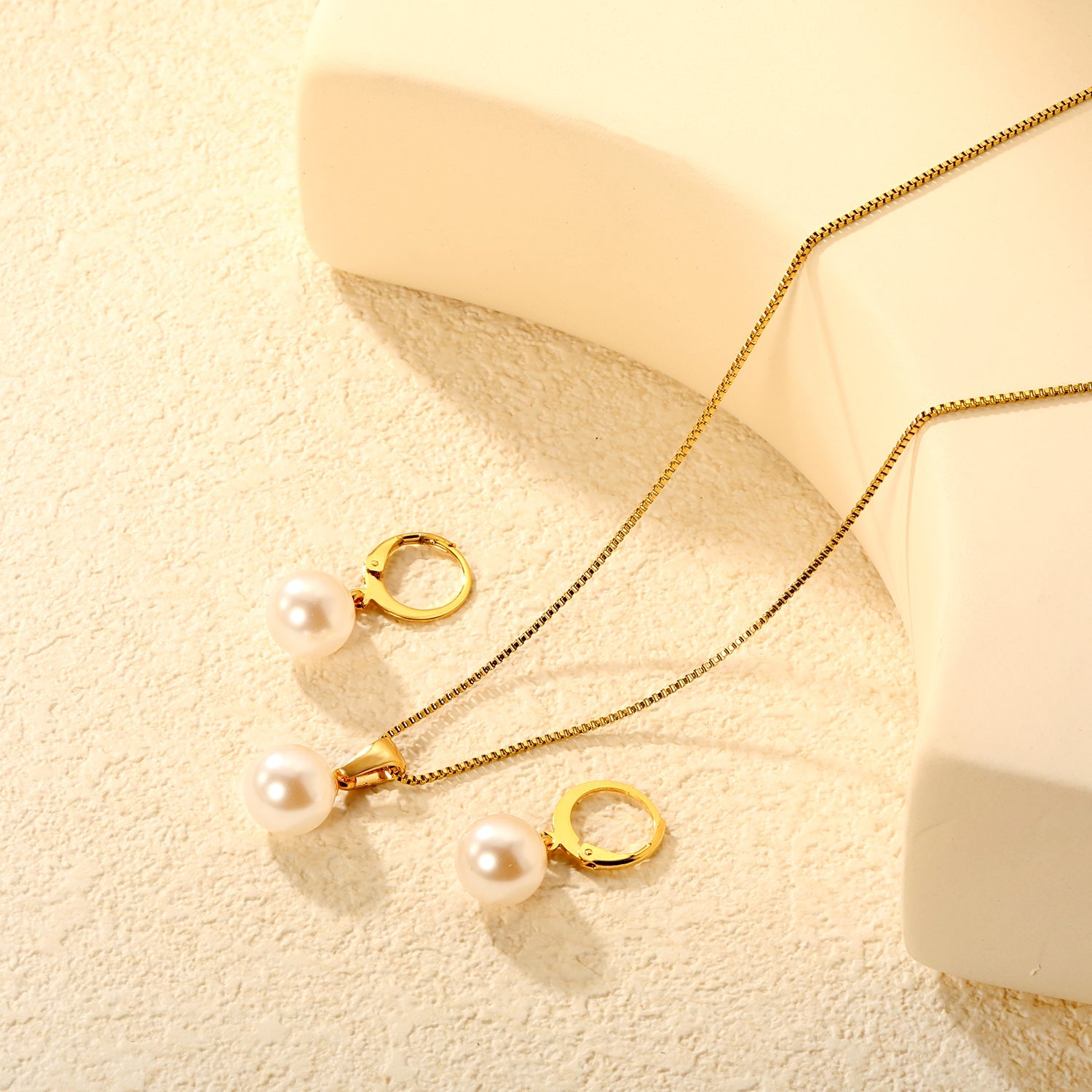 Earrings Pearl 10mm + Pendant Pearl 10mm Box Chain 40+5cm + Round Tag, Gold asonjewelry