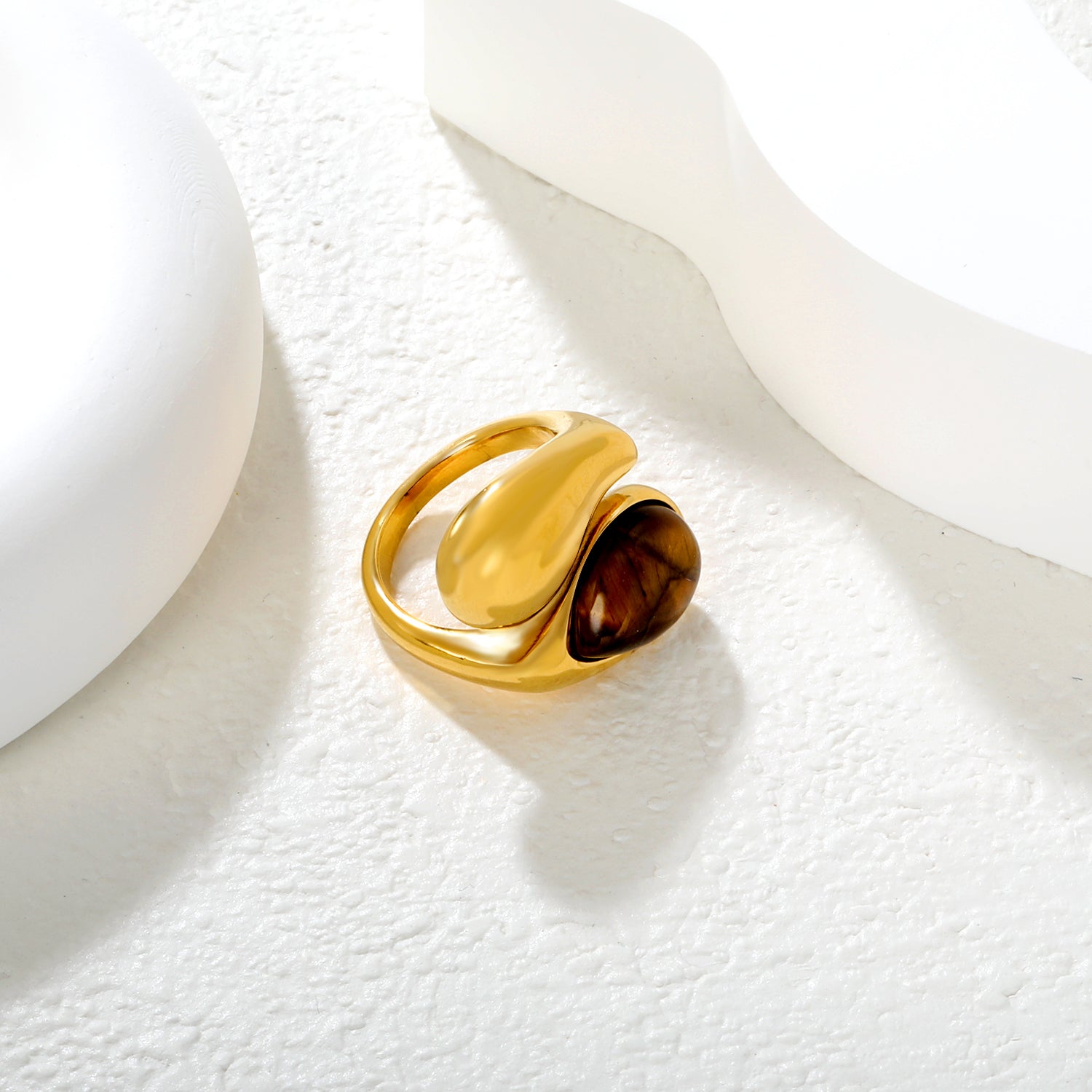 Wholesale 18K Gold Plated Sculpted Pearl & Smoky Quartz Ring Hypoallergenic asonjewelry