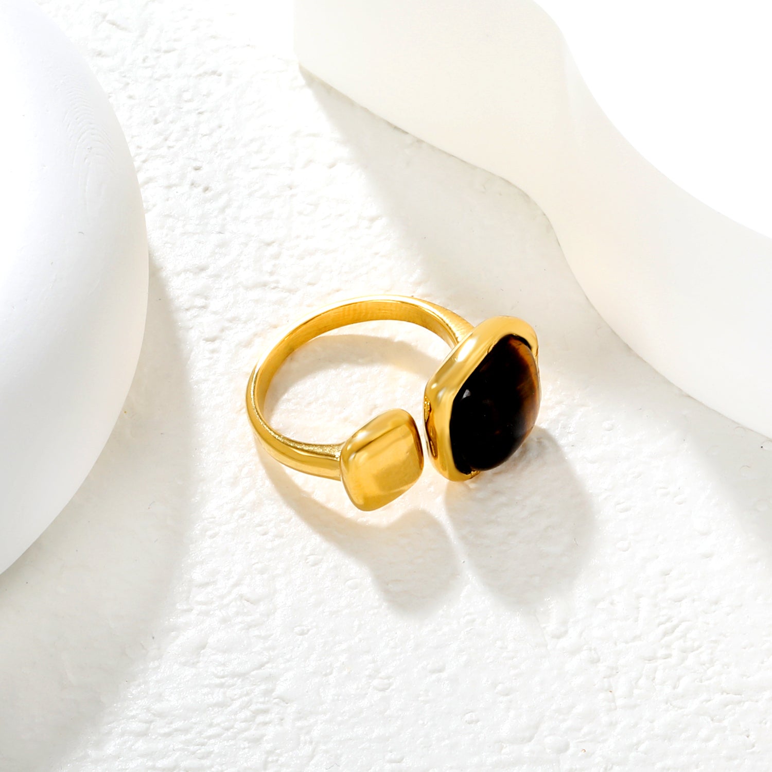 Wholesale 18K Gold Plated Square Pearl & Tiger Eye Adjustable Ring Hypoallergenic asonjewelry