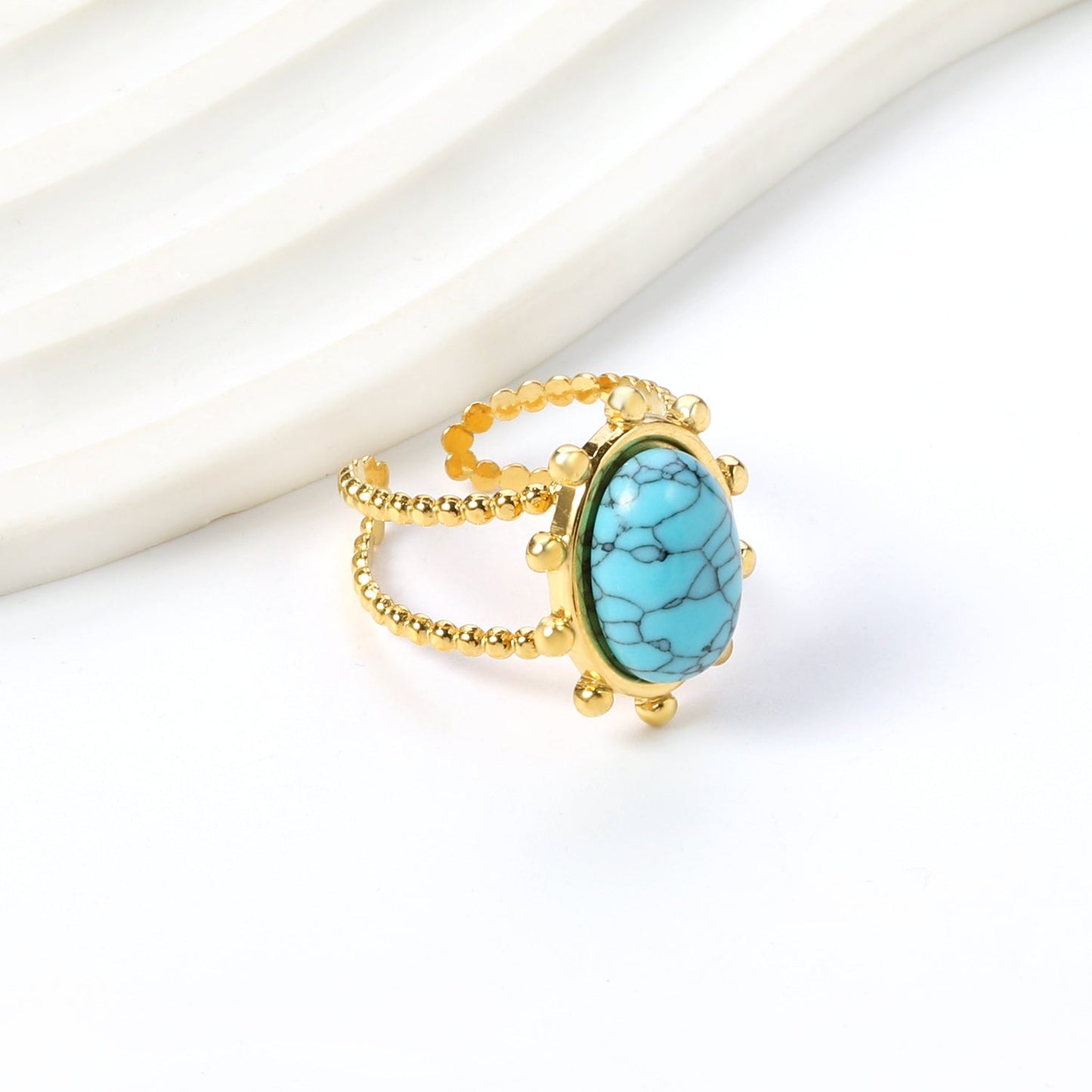 Single band ring clear natural stone + blue turquoise + anthophyllite asonjewelry