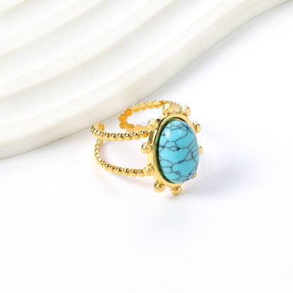 Single band ring clear natural stone + blue turquoise + anthophyllite asonjewelry
