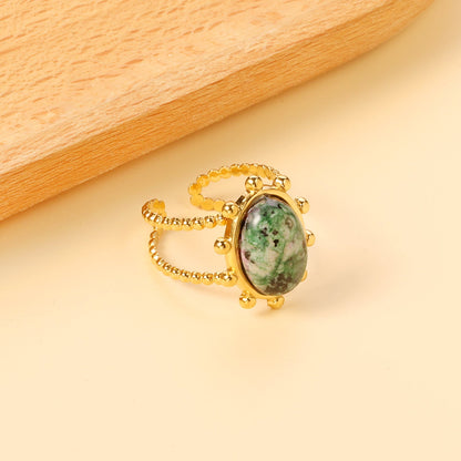 Single band ring clear natural stone + blue turquoise + anthophyllite asonjewelry