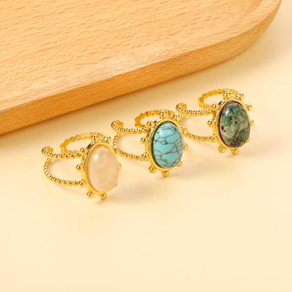 Single band ring clear natural stone + blue turquoise + anthophyllite asonjewelry