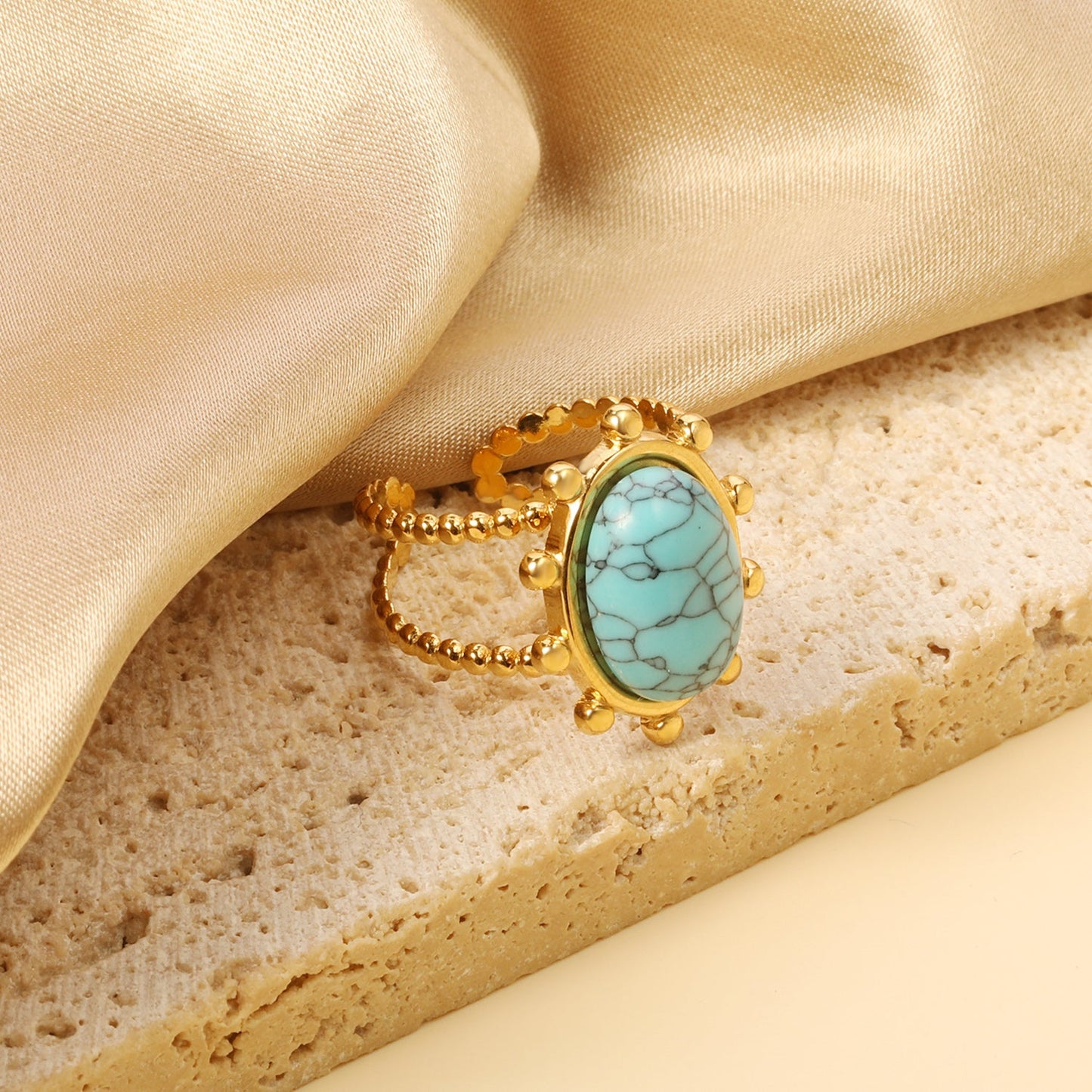 Single band ring clear natural stone + blue turquoise + anthophyllite asonjewelry