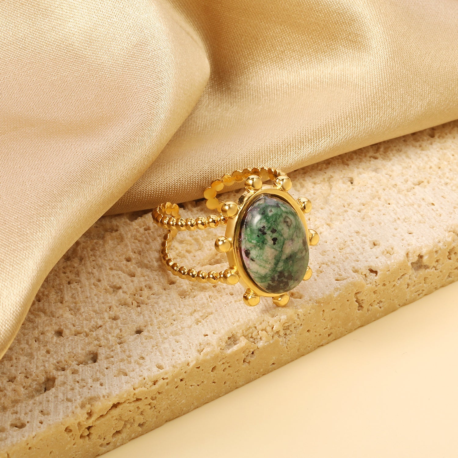 Single band ring clear natural stone + blue turquoise + anthophyllite asonjewelry