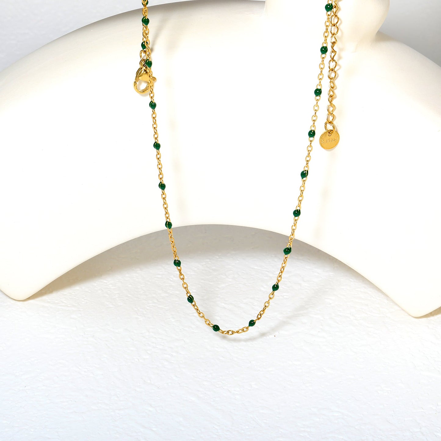 Deep Green Drip Resin Necklace 0.4mm Cross Chain 40+5cm + 6mm Round Pendant Gold asonjewelry