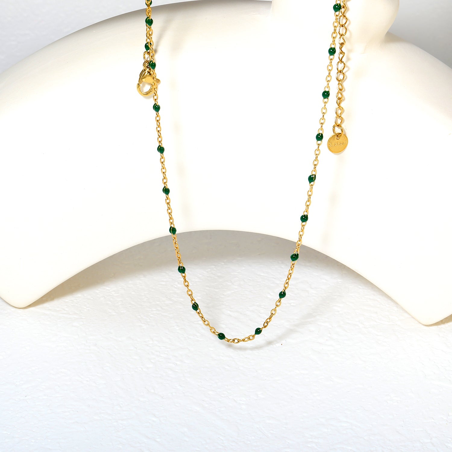 Deep Green Drip Resin Necklace 0.4mm Cross Chain 40+5cm + 6mm Round Pendant Gold asonjewelry