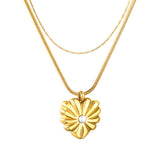 15*15.5mm heart shaped flower petal with white pearl pendant 1.2 round snake*45cm+0.6 cross hammered round chain 40cm+5cm+6mm round tag double chain necklace gold color