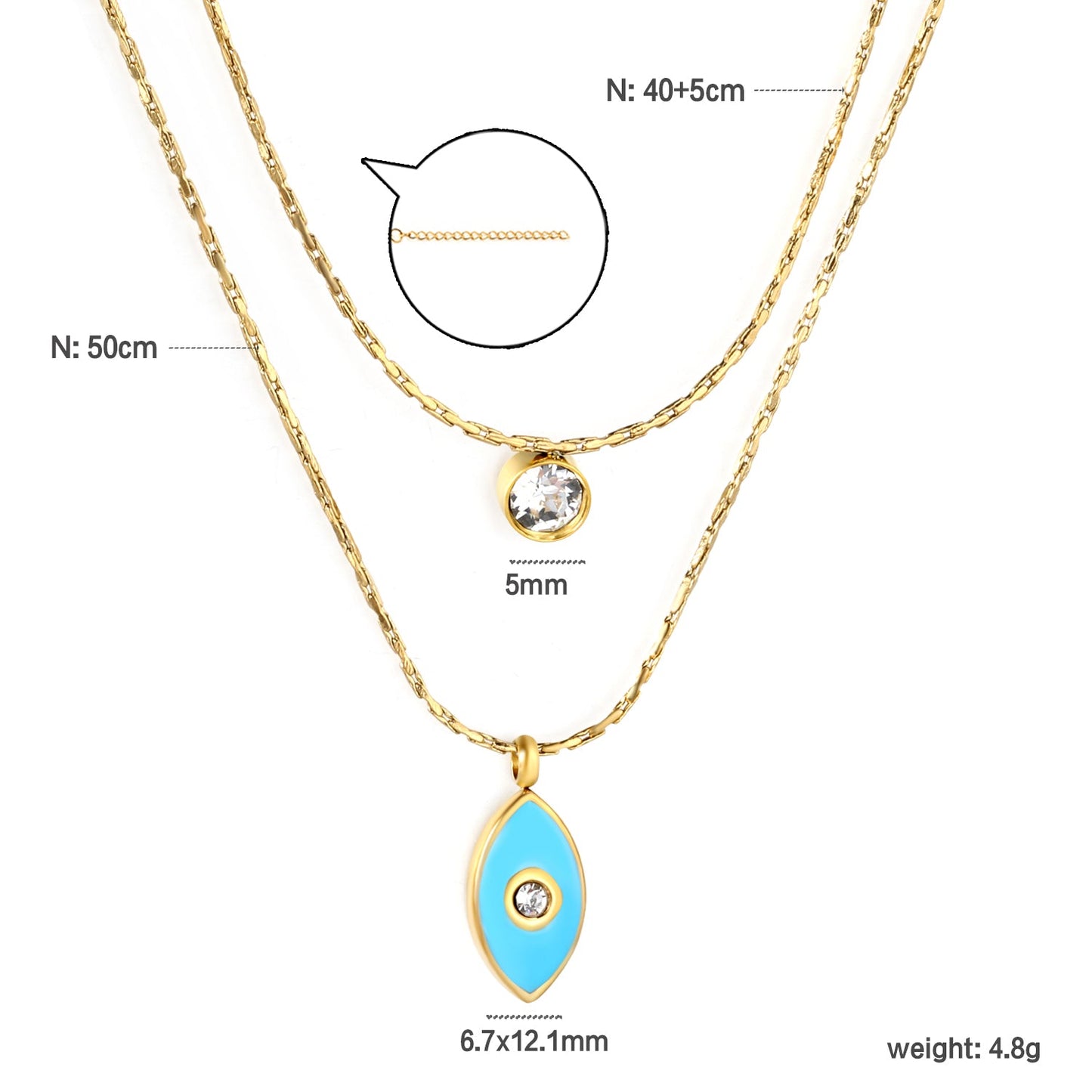 6.7*12.1mm Vertical Eye Drops Light Blue Oil Sticky White Diamond Pendant + 5mm Cylindrical Sticky White Diamond Accessory 0.9 Hammered Square Chain 50+40cm+5cm+6mm Round Plaque Double Chain Necklace GOLDEN asonjewelry