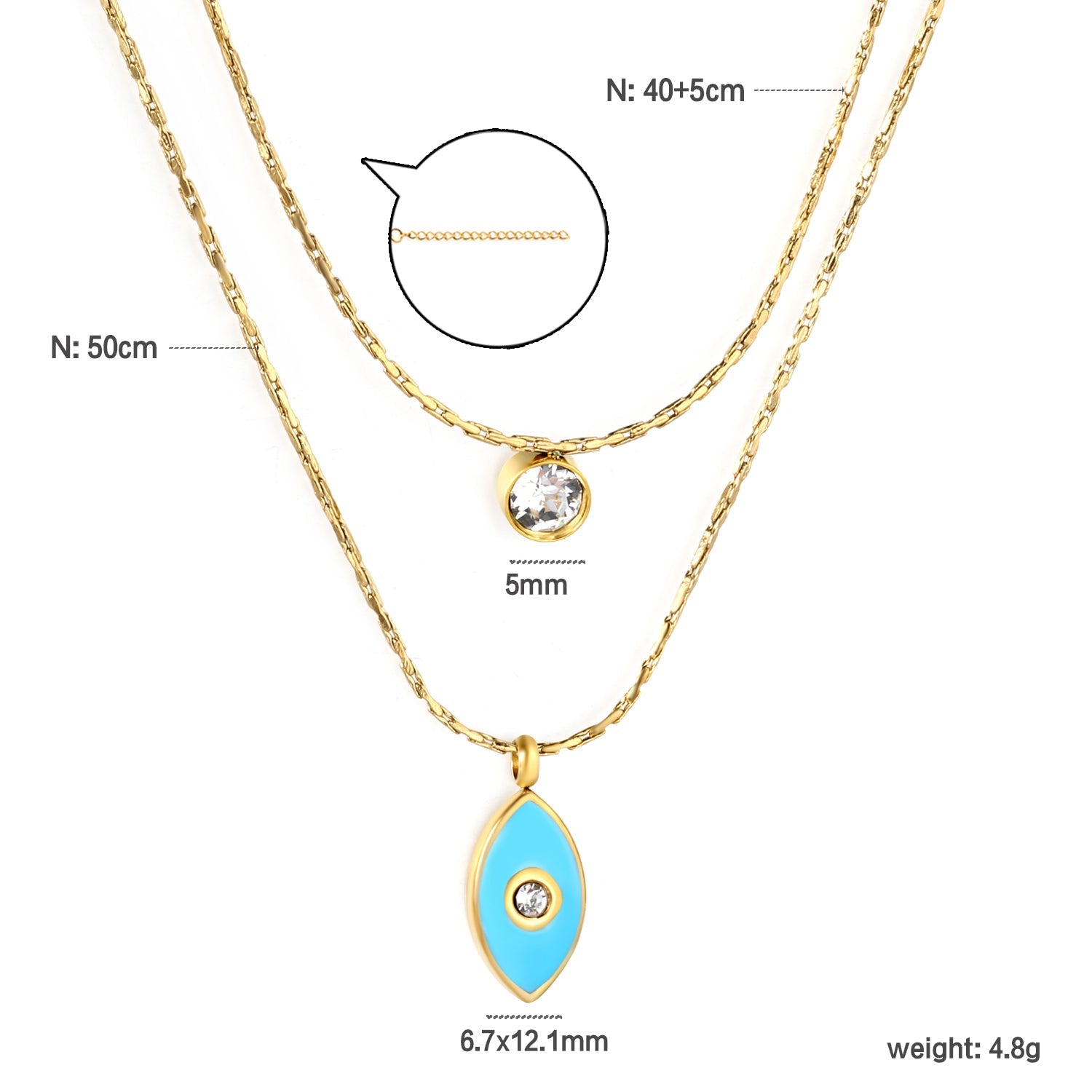 6.7*12.1mm Vertical Eye Drops Light Blue Oil Sticky White Diamond Pendant + 5mm Cylindrical Sticky White Diamond Accessory 0.9 Hammered Square Chain 50+40cm+5cm+6mm Round Plaque Double Chain Necklace GOLDEN asonjewelry