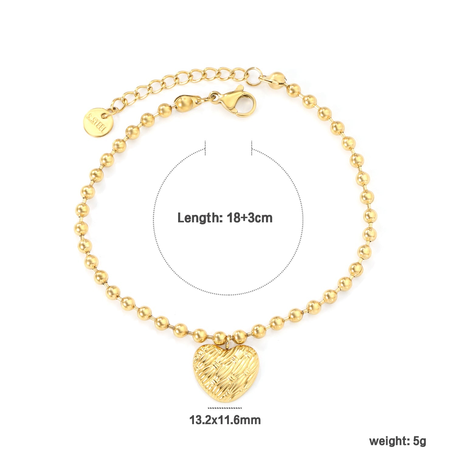 13.2*11.6mm heart pattern 18+3cm+6mm bracelet gold color asonjewelry