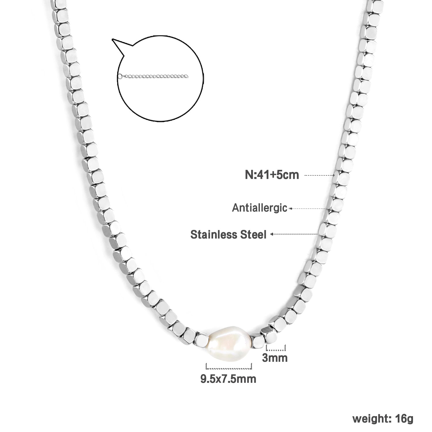 3mm small square with a white pearl pendant 9.5*7.5mm necklace 40+5cm asonjewelry