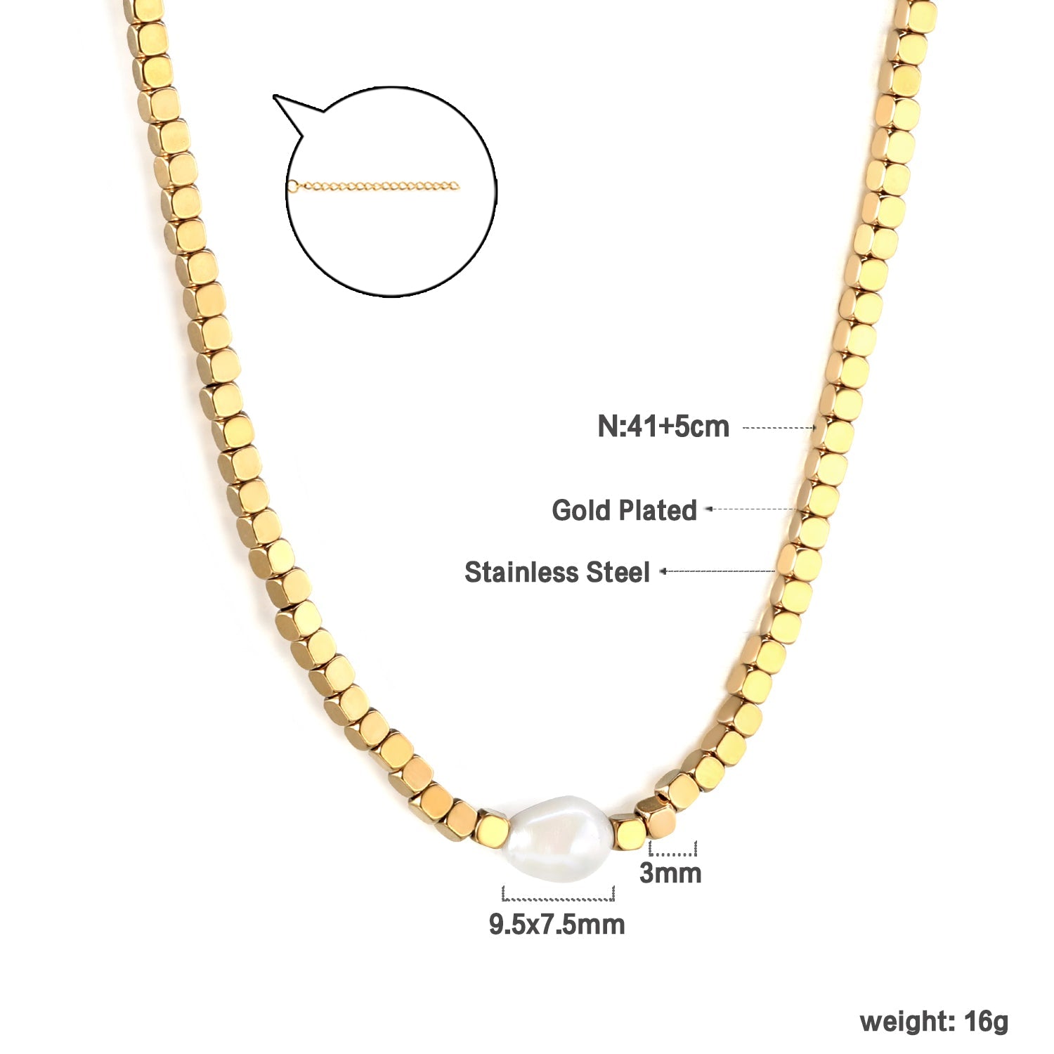 3mm small square with a white pearl pendant 9.5*7.5mm necklace 40+5cm asonjewelry