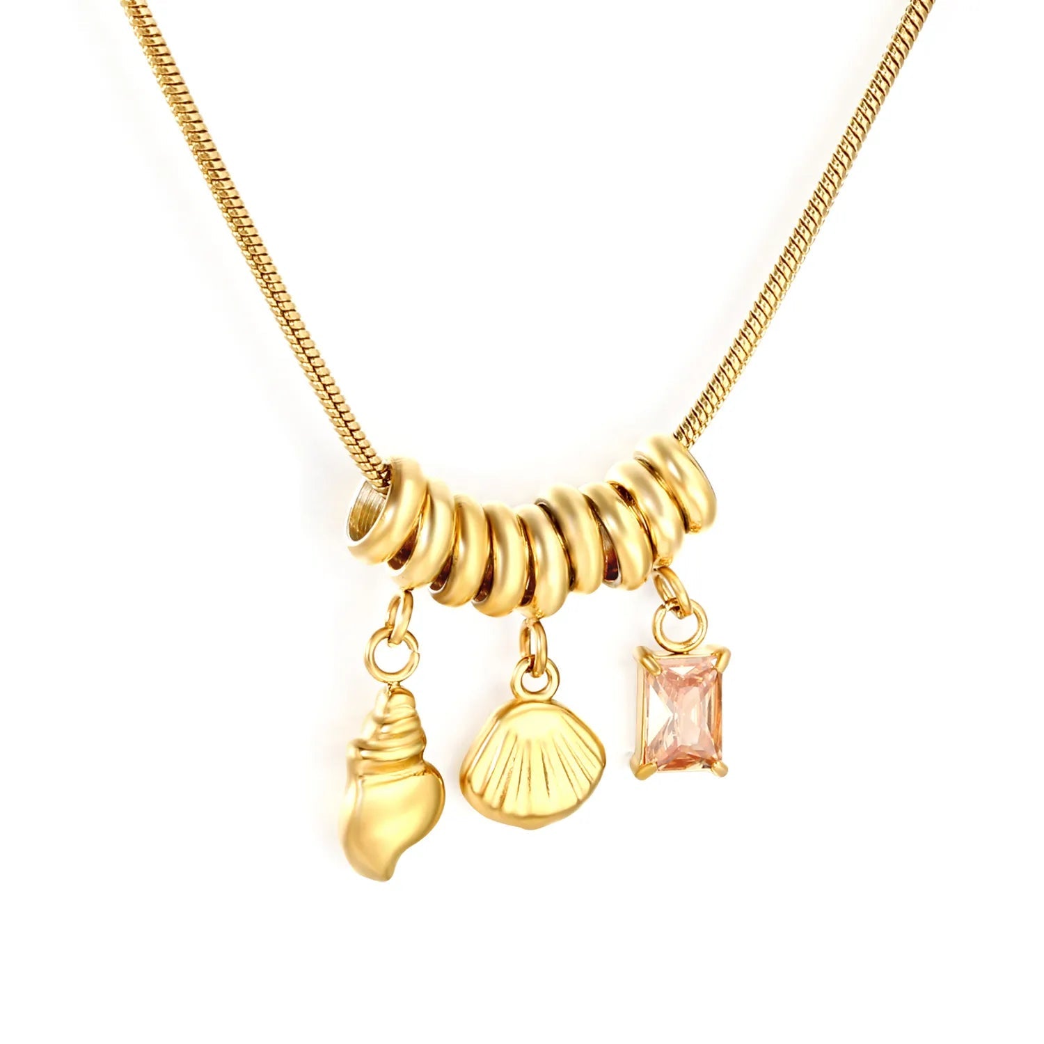 Gold Conch Shell Pendant Necklace 1.2mm Round Snake Chain 42+5cm with 9 Pcs 6mm Lathe Rings 57mm Champagne Diamond Rectangles 8*7mm Shell 6*10mm Conch Pendant asonjewelry
