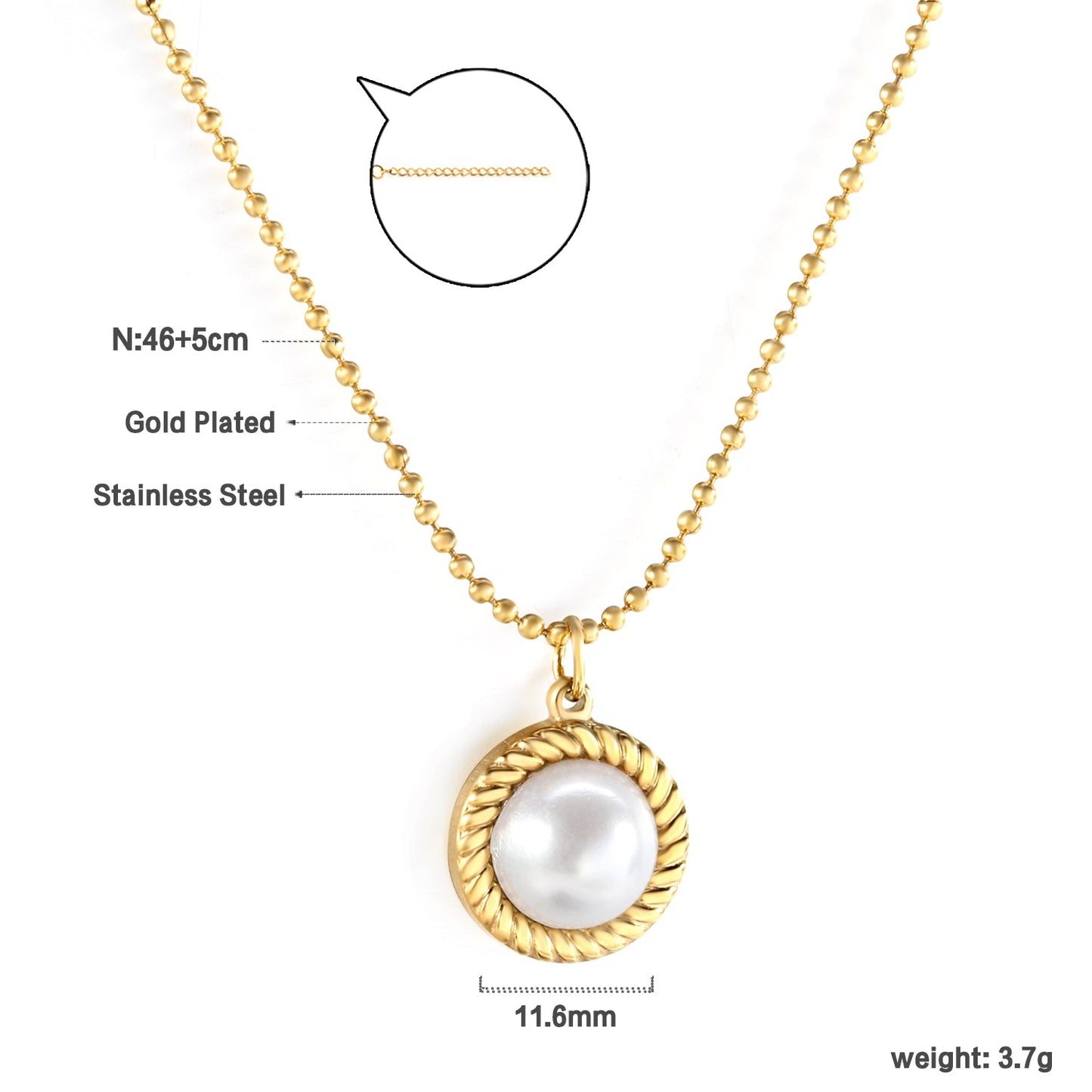 Round twisted edge with half white pearl 11.6mm pendant necklace 45+5cm asonjewelry
