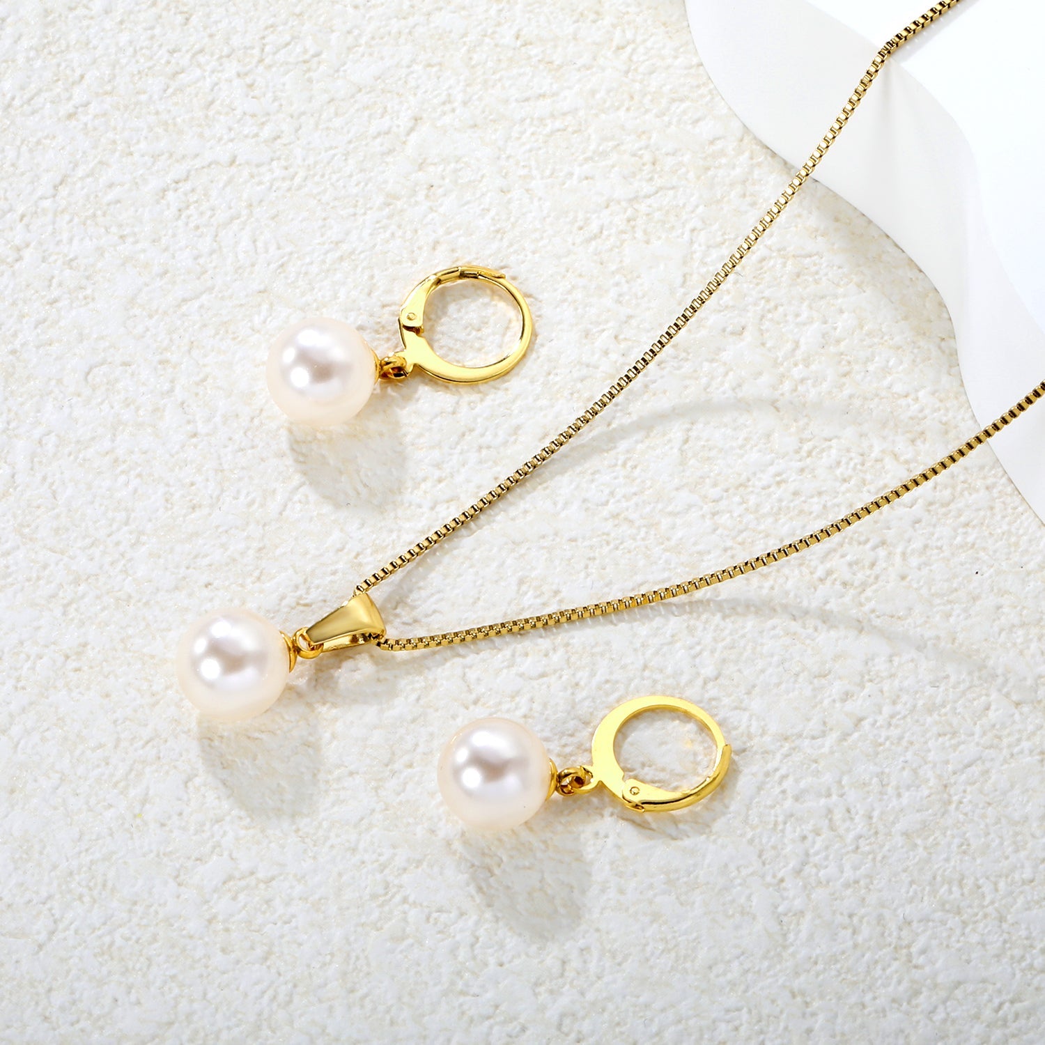 Earrings Pearl 10mm + Pendant Pearl 10mm Box Chain 40+5cm + Round Tag, Gold asonjewelry